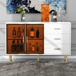 Modern Sideboard Buffet, Kitchen Storage Cabinet With Marble Veneer Top And Amber Tempered Glass Doors, Gold Metal Legs And Handles, Wine Cooler For Bar, Dining Room, Hallway, White -Amazon Store 51T145sdQRL