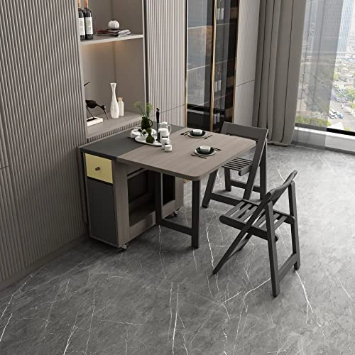 FUNROLUX Folding Dining Table With Storage Rack And 2 Drawers, Movable Kitchen Table Extendable Versatile Table Space Saving Foldable In 3 Forms (Grey) 4 FUNROLUX Folding Dining Table With Storage Rack And 2 Drawers, Movable Kitchen Table Extendable Versatile Table Space Saving Foldable In 3 Forms (Grey) - Image 2