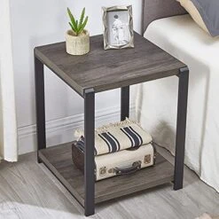 EXCEFUR End Table With Storage Shelf,Vintage Side Table For Living Room,Rustic Wood And Metal Nightstand For Bedroom,Grey
