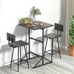 VECELO Dining Table Set For 2, Wooden Square Counter Height Dinette With 2 Bar Stools, For Kitchen Breakfast Nook, Living Room, Small Space, Black