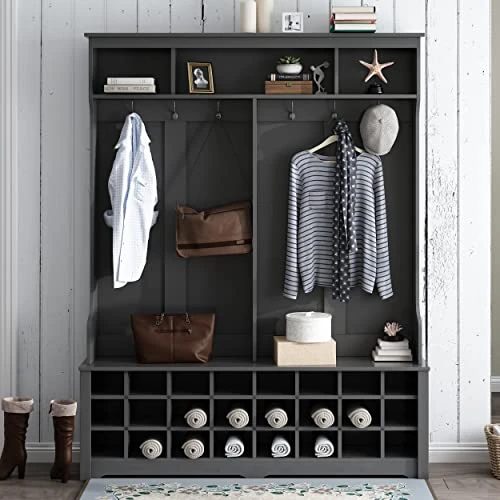 RuiSiSi Entryway Hall Tree Storage Bench,Coat Racks,Hallway Organizer With 24 Shoe Cubies, Coat Rack With Storage Bench And 6 Double Hooks For Hallway Multiple Organization,Space Saving(Black) 3 RuiSiSi Entryway Hall Tree Storage Bench,Coat Racks,Hallway Organizer With 24 Shoe Cubies, Coat Rack With Storage Bench And 6 Double Hooks For Hallway Multiple Organization,Space Saving(Black)