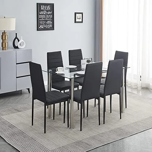 Paonne Glass Dining Table And Chair 7 Pieces Set, Dining Table Set For 6 Kitchen Room Table With 6 Chairs, Rectangular Glass Table With 4 PU Chairs 11 Paonne Glass Dining Table And Chair 7 Pieces Set, Dining Table Set For 6 Kitchen Room Table With 6 Chairs, Rectangular Glass Table With 4 PU Chairs - Image 9