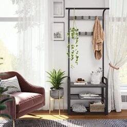 Meerveil Coat Stand, Coat Rack With Shoe Storage Bench, Metal Clothes Rail With 9 Removable Hooks, Industrial Style For Hallway Entrance, 72 X 34 X 183 Cm, Grey