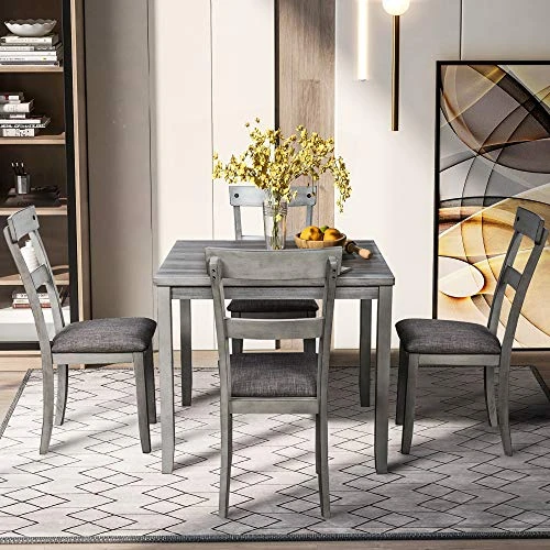 5 Piece Dining Table Set, Wooden Kitchen Dining Table Set With Square Table And 4 Upholstered Chairs For Kitchen, Dining Room, Family And Apartment (Light Gray+4 Person) 4 5 Piece Dining Table Set, Wooden Kitchen Dining Table Set With Square Table And 4 Upholstered Chairs For Kitchen, Dining Room, Family And Apartment (Light Gray+4 Person) - Image 2