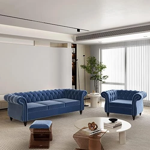 2 Piece Living Room Set, Velvet Chesterfield Sofa Loveseat Couch With Scroll Arms And Nailhead For Living Room, Office (Grey) 15 2 Piece Living Room Set, Velvet Chesterfield Sofa Loveseat Couch With Scroll Arms And Nailhead For Living Room, Office (Grey) - Image 13