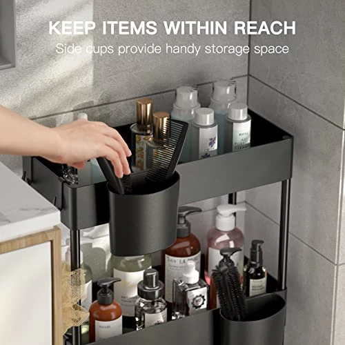 Pipishell Slim Storage Cart With Wheels, Bathroom Cart Bathroom Storage Organizer, Rolling Cart For Bathroom, Laundry Room, Kitchen, Narrow Space, Black PIUC04 4 Pipishell Slim Storage Cart With Wheels, Bathroom Cart Bathroom Storage Organizer, Rolling Cart For Bathroom, Laundry Room, Kitchen, Narrow Space, Black PIUC04 - Image 2