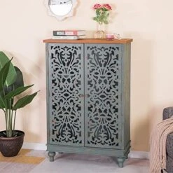 MFSTUDIO Accent Tall Wood Storage Cabinet Buffet Sideboard Hollow-Carved Floral 2 Doors Distressed Decorative For Living Room Kitchen Stand Entryway Hallway, 13.8" Dx31.5 Wx47.4 H, Blue -Amazon Store 51TqG6l lEL. AC