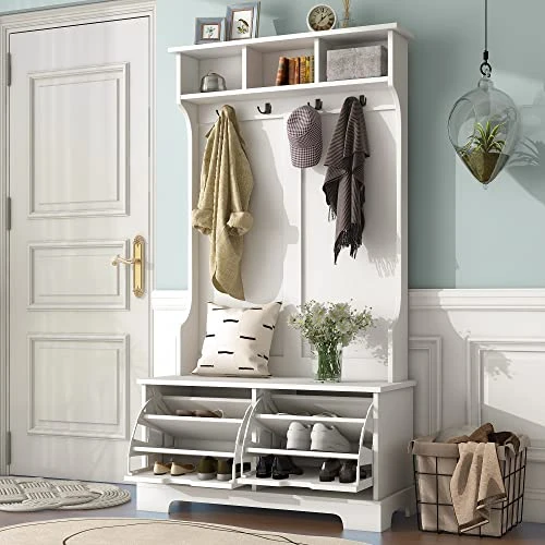 LOVMOR All In One Hall Tree, Coat Rack With 3 Top Shelves And 2 Flip Shoe Storage Drawers, Wood Hallway Organizer With Storage Bench, Entryway Storage Bench With Metal Hanging Hooks, White 3 LOVMOR All In One Hall Tree, Coat Rack With 3 Top Shelves And 2 Flip Shoe Storage Drawers, Wood Hallway Organizer With Storage Bench, Entryway Storage Bench With Metal Hanging Hooks, White