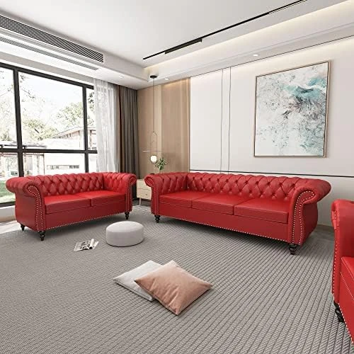 2 Piece Living Room Set, Velvet Chesterfield Sofa Loveseat Couch With Scroll Arms And Nailhead For Living Room, Office (Grey) 10 2 Piece Living Room Set, Velvet Chesterfield Sofa Loveseat Couch With Scroll Arms And Nailhead For Living Room, Office (Grey) - Image 8