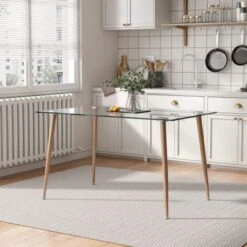 Glass Dining Table For 4 With 47 Inch Clear Rectangular Glass Top, 0.31" Modern Tempered Glass Kitchen Table Furniture With 4 Light Wood Grain Coated Metal Legs For Home Office Kitchen Dining Room