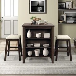 3-Piece Dining Room Table Set, Bar Pub Table Set With Storage Shelf, Industrial Style Counter Height Kitchen Table With 2 Backless Barstools For Dining Area (Brown)