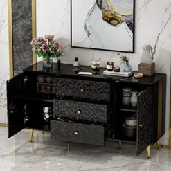 FAMAPY Credenza Storage Cabinet Sideboards And Buffets With Drawers & Doors, Polished Cellular Surface, Serving Bar Buffet Cabinet, Gold Metal Legs, Black (55.1”W X 15.7”D X 30.8”H) -Amazon Store 51UMlAwCTWL