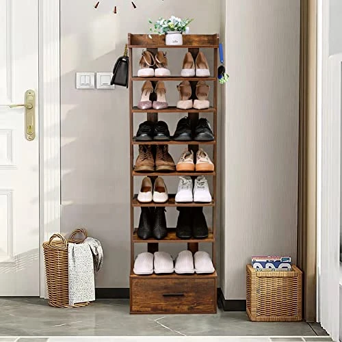 Usikey Large Vertical Shoe Rack, 8 Tiers Wooden Shoes Racks With Bottom Drawer, Top Storage & 2 Hooks, Double Shoes Storage, Modern Shoe Rack Organizer, Shoe Tower For Entryway, Hallway, Rustic Brown 4 Usikey Large Vertical Shoe Rack, 8 Tiers Wooden Shoes Racks With Bottom Drawer, Top Storage & 2 Hooks, Double Shoes Storage, Modern Shoe Rack Organizer, Shoe Tower For Entryway, Hallway, Rustic Brown - Image 2