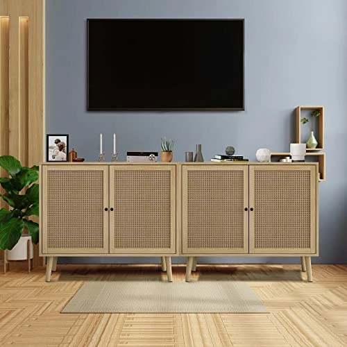 Rattan Buffet Sideboard Cabinet, 2 Doors Storage Cabinet Console Table Accent Cabinet With Adjustable Shelves For Kitchen Living Room Dining Room, Natural 5 Rattan Buffet Sideboard Cabinet, 2 Doors Storage Cabinet Console Table Accent Cabinet With Adjustable Shelves For Kitchen Living Room Dining Room, Natural - Image 3