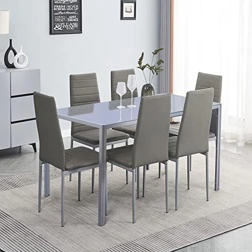 Paonne Glass Dining Table And Chair 7 Pieces Set, Dining Table Set For 6 Kitchen Room Table With 6 Chairs, Rectangular Glass Table With 4 PU Chairs 8 Paonne Glass Dining Table And Chair 7 Pieces Set, Dining Table Set For 6 Kitchen Room Table With 6 Chairs, Rectangular Glass Table With 4 PU Chairs - Image 6