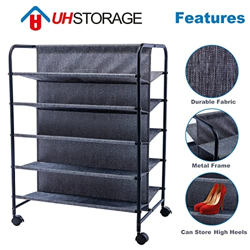 UHSTORAGE Shoe Rack With Rolling Wheels, Double Capacity Casual Shoe Rack Organizer Up To 30 Pairs, 5 Tier Vertical Durable Fabric Shoes Storage With Metal Frame, Grey (Dark Grey) 7 UHSTORAGE Shoe Rack With Rolling Wheels, Double Capacity Casual Shoe Rack Organizer Up To 30 Pairs, 5 Tier Vertical Durable Fabric Shoes Storage With Metal Frame, Grey (Dark Grey) - Image 5