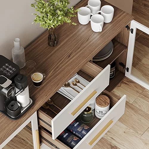 BELLEZE Sideboard Buffet Cabinet With 3 Drawers & 2 Doors, Console Table For Kitchen Glass Storage Cabinet Coffee Bar Accent Cabinet For Living Room Dining Room Hallway, White 6 BELLEZE Sideboard Buffet Cabinet With 3 Drawers & 2 Doors, Console Table For Kitchen Glass Storage Cabinet Coffee Bar Accent Cabinet For Living Room Dining Room Hallway, White - Image 4