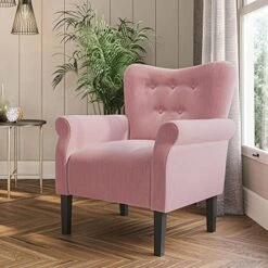 BELLEZE Modern Accent Chair Armchair For Living Room Or Bedroom With Wooden Legs, High Back Rest, Padded Armrest, And Comfortable Cushioned Seat - Allston (Pink) -Amazon Store 51UuiRbsaML