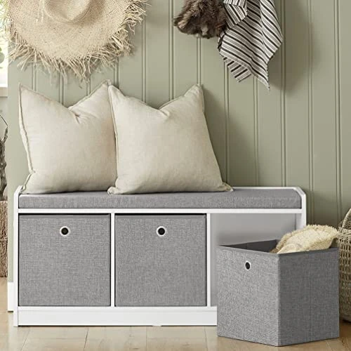 Haotian FSR65-DG, Grey 3 Baskets Hallway Bedroom Storage Bench With Seat Cushion, Shoe Bench, Shoe Rack, Shoe Cabinet 5 Haotian FSR65-DG, Grey 3 Baskets Hallway Bedroom Storage Bench With Seat Cushion, Shoe Bench, Shoe Rack, Shoe Cabinet - Image 3