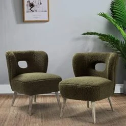 TINA'S HOME Modern Sherpa Accent Chair With Open Back & Wooden Legs, Upholstered Lamb Fleece Armless Slipper Chair, Comfy Faux Fur Cute Vanity Chair For Living Room Bedroom Office Makeup Room, Ivory -Amazon Store 51V6CkjGknL. AC