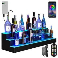 YITAHOME LED Lighted Liquor Bottle Display Shelf Supports USB & Power Bank, 3-Step 40-inch Bar Liquor Alcohol Shelf For Home Decoration Counter Party, Acrylic Whiskey Rack Stand With Remote & App Control