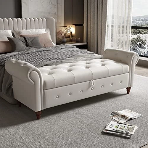 LUCKHAO 63" Tufted Storage Bench For Bedroom End Of Bed,Upholstered Storage Ottoman Bench For Bedroom,Rolled Arm Window Bench Seatwith With Solid Wood Legs(Grey) 7 LUCKHAO 63" Tufted Storage Bench For Bedroom End Of Bed,Upholstered Storage Ottoman Bench For Bedroom,Rolled Arm Window Bench Seatwith With Solid Wood Legs(Grey) - Image 5