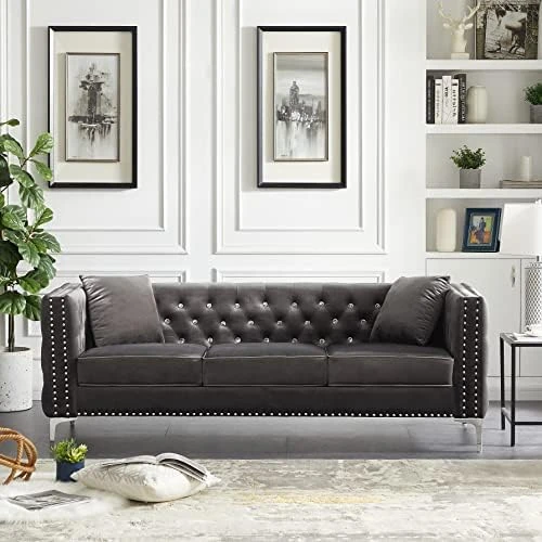 2-Piece Black Velvet Upholstered Living Room Furniture Set, Including 3-Seater Sofa And Loveseat With Jeweled Buttons, Square Arm, Four Pillows Included For Living Room, Office 9 2-Piece Black Velvet Upholstered Living Room Furniture Set, Including 3-Seater Sofa And Loveseat With Jeweled Buttons, Square Arm, Four Pillows Included For Living Room, Office - Image 7