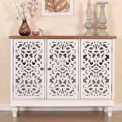 MFSTUDIO Accent Tall Wood Storage Cabinet Buffet Sideboard Hollow-Carved Floral 2 Doors Distressed Decorative For Living Room Kitchen Stand Entryway Hallway, 13.8" Dx31.5 Wx47.4 H, Blue -Amazon Store 51VHdKLySAL. AC