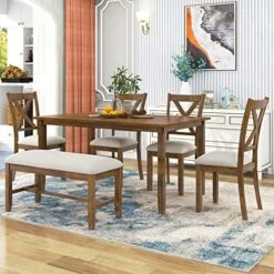 LZ LEISURE ZONE 6 Piece Wooden Dining Table Set With Bench And 4 Dining Chairs, Kitchen Table Set Family Furniture For 6 People (Antique Graywash) -Amazon Store 51VI2zigZjL. AC