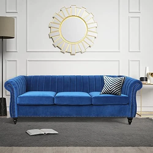 NOSGA Modern 3 Seater Couch, Large Sofa Furniture, Roll Arm Classic Tufted Chesterfield Settee Leather Sofa With Channel Tufted Seat Back For Living Room, Black PU 14 NOSGA Modern 3 Seater Couch, Large Sofa Furniture, Roll Arm Classic Tufted Chesterfield Settee Leather Sofa With Channel Tufted Seat Back For Living Room, Black PU - Image 12