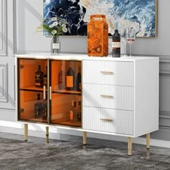 Modern Sideboard Buffet, Kitchen Storage Cabinet With Marble Veneer Top And Amber Tempered Glass Doors, Gold Metal Legs And Handles, Wine Cooler For Bar, Dining Room, Hallway, White -Amazon Store 51Vq6eTfu0L