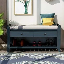 Harper & Bright Designs Storage Bench, Shoe Rack With Cushioned Seat And Drawers, Multipurpose Storage Bench For Entryway, Antique Navy