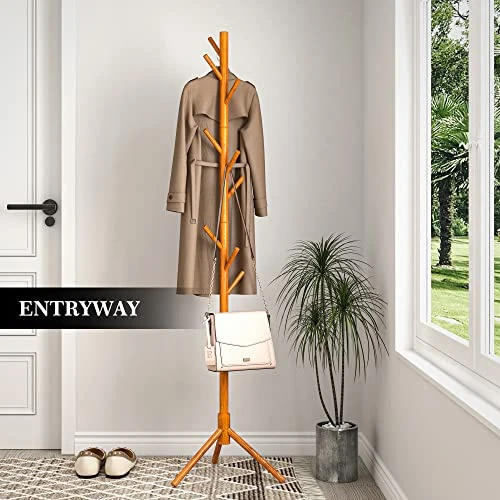NicQliear Wooden Freestanding Coat Rack With 9 Hooks, Adjustable Coat Rack Stand 69.3" To Hang Clothes/Bags/Hats, Standing Coat Tree Perfect For Bedroom/Entryway/Hallway, Easy Assembly, Brown 6 NicQliear Wooden Freestanding Coat Rack With 9 Hooks, Adjustable Coat Rack Stand 69.3" To Hang Clothes/Bags/Hats, Standing Coat Tree Perfect For Bedroom/Entryway/Hallway, Easy Assembly, Brown - Image 4