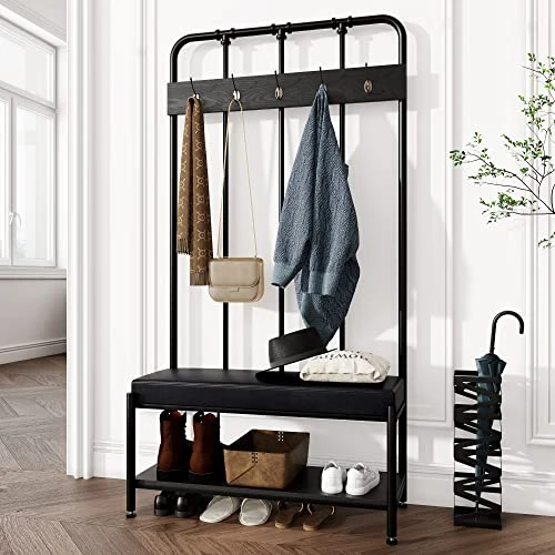 Allewie Coat Rack Shoe Bench, 76" Freestanding Hall Tree, Entryway Bench With Storage Shelves, Upholstered Sponge-Padded Seat, Organized With 5 Hooks, Industrial Accent Furniture, Easy Assembly, Black 2 Allewie Coat Rack Shoe Bench, 76" Freestanding Hall Tree, Entryway Bench With Storage Shelves, Upholstered Sponge-Padded Seat, Organized With 5 Hooks, Industrial Accent Furniture, Easy Assembly, Black