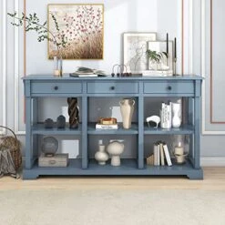 LZ LEISURE ZONE Console Table, Retro Buffets Sideboard With Ample Storage, Open Shelves And 3 Drawers For Living Room, Hallway, Dining Room, Blue