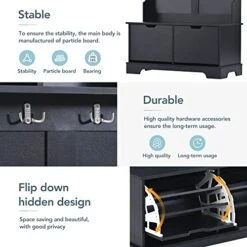 RuiSiSi White Hall Tree With Bench And Shoe Storage Farmhouse Wood Entryway Bench With Coat Rack 4 Hooks Hidden Shoe Storage Cabinet,Hallway Organizer With Storage Bench And Metal Hanging Hooks（Black） -Amazon Store 51WOvwLSIcL 1