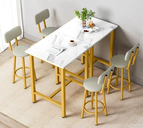 AWQM Small Dining Table Set For 2, Bar Set With 1 Square Table And 2 Upholstered Chairs With Back, Faux Marble Table Breakfast Table With Footrest For Home & Kitchen (White & Gold) 4 AWQM Small Dining Table Set For 2, Bar Set With 1 Square Table And 2 Upholstered Chairs With Back, Faux Marble Table Breakfast Table With Footrest For Home & Kitchen (White & Gold) - Image 2