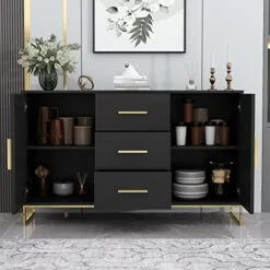 AIEGLE Sideboard Buffet Cabinet With 3 Drawers & 2 Doors, Kitchen Buffet Storage Cabinet Entryway Cupboard With Gold Metal Legs, Black (47.2" L X 15.7" W X 29.3" H) 14 AIEGLE Sideboard Buffet Cabinet With 3 Drawers & 2 Doors, Kitchen Buffet Storage Cabinet Entryway Cupboard With Gold Metal Legs, Black (47.2" L X 15.7" W X 29.3" H) -Amazon Store 51WakW77POL
