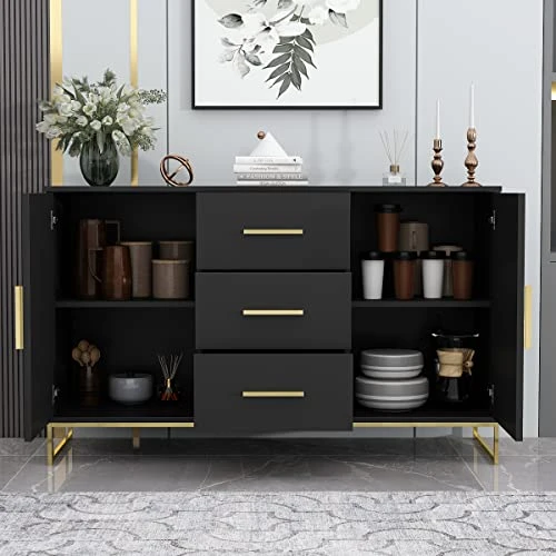 AIEGLE Sideboard Buffet Cabinet With 3 Drawers & 2 Doors, Kitchen Buffet Storage Cabinet Entryway Cupboard With Gold Metal Legs, Black (47.2" L X 15.7" W X 29.3" H) 5 AIEGLE Sideboard Buffet Cabinet With 3 Drawers & 2 Doors, Kitchen Buffet Storage Cabinet Entryway Cupboard With Gold Metal Legs, Black (47.2" L X 15.7" W X 29.3" H) - Image 3