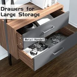 LyuHome Wall Mounted Ladder Shelf, Modern 5-Tier Ladder Bookshelf With Drawers, Metal And Wood Bookcase With Storage Cabinet For Home Office Walnut -Amazon Store 51WcZiyU7lL