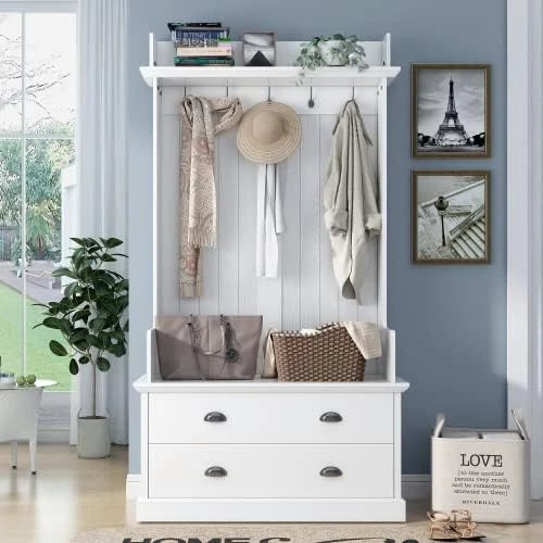 GUTK Hall Tree With 2 Flip Shoe Storage Drawers, Coat Rack With 4 Metal Hooks And 3 Top Shelves, Wood Hallway Entryway Storage Bench Coat Hanger For Livng Room Bedroom (White) 8 GUTK Hall Tree With 2 Flip Shoe Storage Drawers, Coat Rack With 4 Metal Hooks And 3 Top Shelves, Wood Hallway Entryway Storage Bench Coat Hanger For Livng Room Bedroom (White) - Image 6