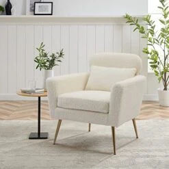 Mikibama Mid Century Modern Accent Chair Upholstered Reading Chair Armchair With Metal Legs And Throw Pillow Side Chair For Living Room Bedroom Office (Ivory,Teddy Fabric) -Amazon Store 51Wkjo7E56L