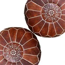ARTOUARZAZATE Set Of 2 Amazing Moroccan Pouf With Leather Pouf, Ottomans,Footstool,100% Handmade Ready To Magic Your Living Room! Unstuffed (Dark Brown)