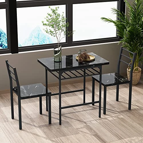 BAOLUMA 3 Piece Dining Table Set With 2 Chairs, Kitchen Table Set For 2 People For Small Space,Black Metal Frame And Square Faux Marble Tabletop (Black) 4 BAOLUMA 3 Piece Dining Table Set With 2 Chairs, Kitchen Table Set For 2 People For Small Space,Black Metal Frame And Square Faux Marble Tabletop (Black) - Image 2