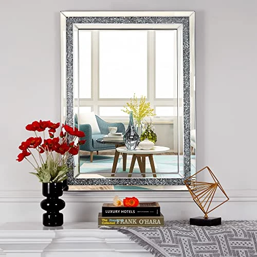 Blingworld Decorative Wall Mirror 32"x24" Crystal Mirrors For Wall Decor Living Room Silver Luxury Modern Mirrored Home Decoration, Big Large Long Mirror Silver 3 Blingworld Decorative Wall Mirror 32"x24" Crystal Mirrors For Wall Decor Living Room Silver Luxury Modern Mirrored Home Decoration, Big Large Long Mirror Silver
