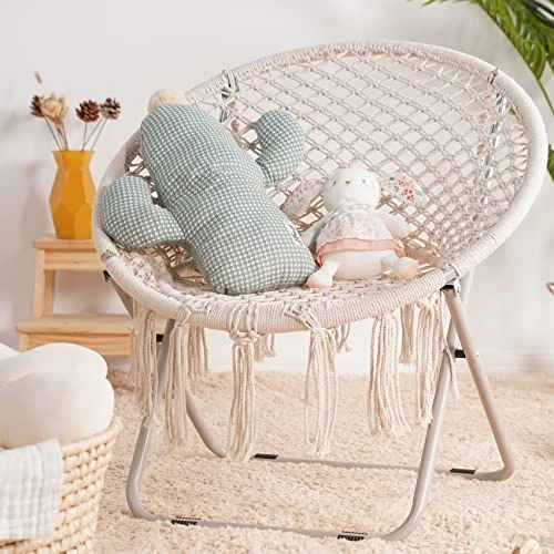 PASAMIC Saucer Chair With Folding Metal Frame, 100% Cotton Handmade Round Cozy Chairs, Exquisite Moon Chair For Bedroom, Living Room Décor Beige 3 PASAMIC Saucer Chair With Folding Metal Frame, 100% Cotton Handmade Round Cozy Chairs, Exquisite Moon Chair For Bedroom, Living Room Décor Beige