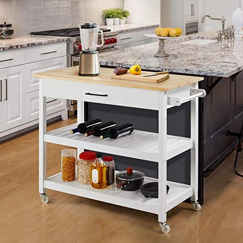 Yaheetech Kitchen Island Cart On Wheels, 3 Tiers Rolling Utility Cart With Drawer And 2 Spacious Storage Shelf, 40'' W Solid Wood Countertop, White 4 Yaheetech Kitchen Island Cart On Wheels, 3 Tiers Rolling Utility Cart With Drawer And 2 Spacious Storage Shelf, 40'' W Solid Wood Countertop, White - Image 2