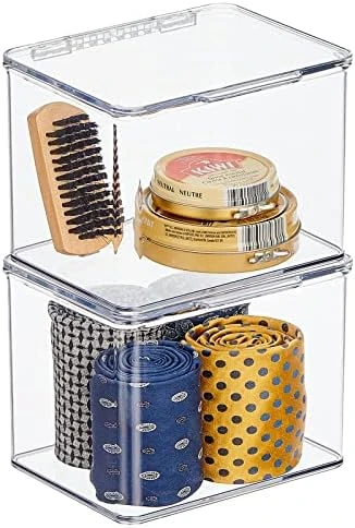 MDesign Stackable Plastic Closet Storage Container Bin Box With Hinge Lid For Organizing Shoes, Booties, Pumps, Sandals, Wedges, Flats, Heels - Lumiere Collection - 2 Pack - Clear 9 MDesign Stackable Plastic Closet Storage Container Bin Box With Hinge Lid For Organizing Shoes, Booties, Pumps, Sandals, Wedges, Flats, Heels - Lumiere Collection - 2 Pack - Clear - Image 7