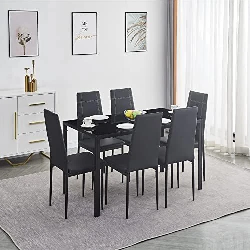 Paonne Glass Dining Table And Chair 7 Pieces Set, Dining Table Set For 6 Kitchen Room Table With 6 Chairs, Rectangular Glass Table With 4 PU Chairs 15 Paonne Glass Dining Table And Chair 7 Pieces Set, Dining Table Set For 6 Kitchen Room Table With 6 Chairs, Rectangular Glass Table With 4 PU Chairs - Image 13