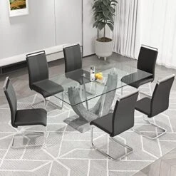 67" Glass Dining Room Table Set For 6,Big Modern Rectangular Tempered Glass Dining Table Top Thick 0.39",7 Piece Dining Table With 6 Pcs Leather Dining Chairs (Grey, One Table +6 Faux Leather Chair) -Amazon Store 51XIGySEJJL. AC
